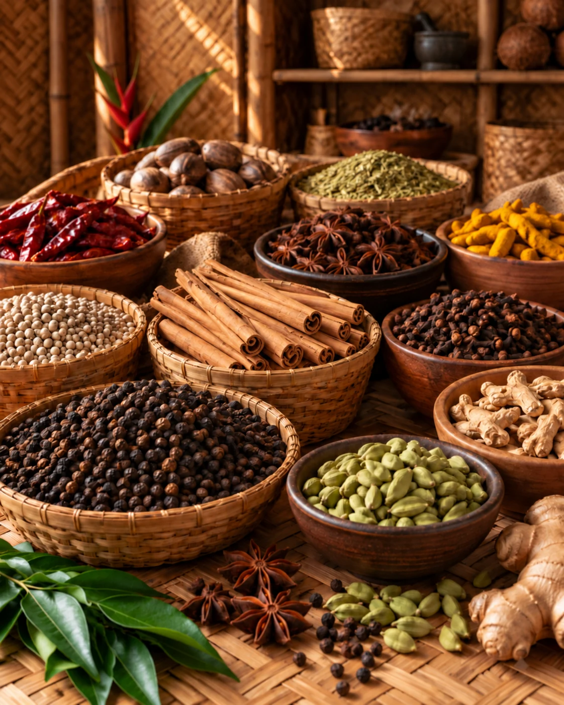 Selection of Sri Lankan spices displayed in woven baskets