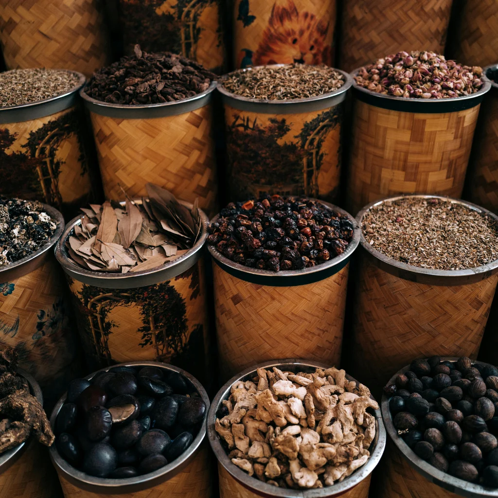 Selection of Sri Lankan spices displayed in woven baskets